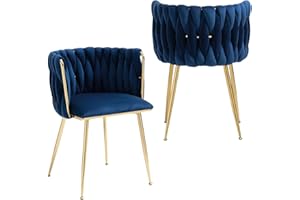 Nrizc Woven Dining Chairs Set of 2, Velvet Upholstered Dining Chairs with Gold Metal Legs, Modern Accent Chairs for Living Room, Dining Room, Kitchen (Blue)