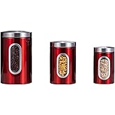 AEUNKIUO Transparent Red Canisters Sets of 3 Pieces For The Kitchen,0.9/1.6/2.9 Quarts Stainless Steel Coffee Sugar Tea Candy Storage Jars with Window for Home Kitchen Decoration and Accessories