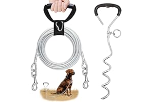 PETDREAM Reflective Dog Stakes for Outside Kit,Dog Tie Out Cable,10ft Heavy-Duty 200Lbs Stake with 360° Rotating Clip,Waterproof Bite-Proof Leash for Camping/Yard (Silver)