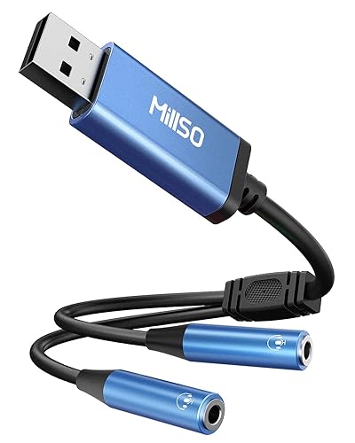 MillSO USB to Dual Audio Jack Adapter, Sapphire Blue TRRS