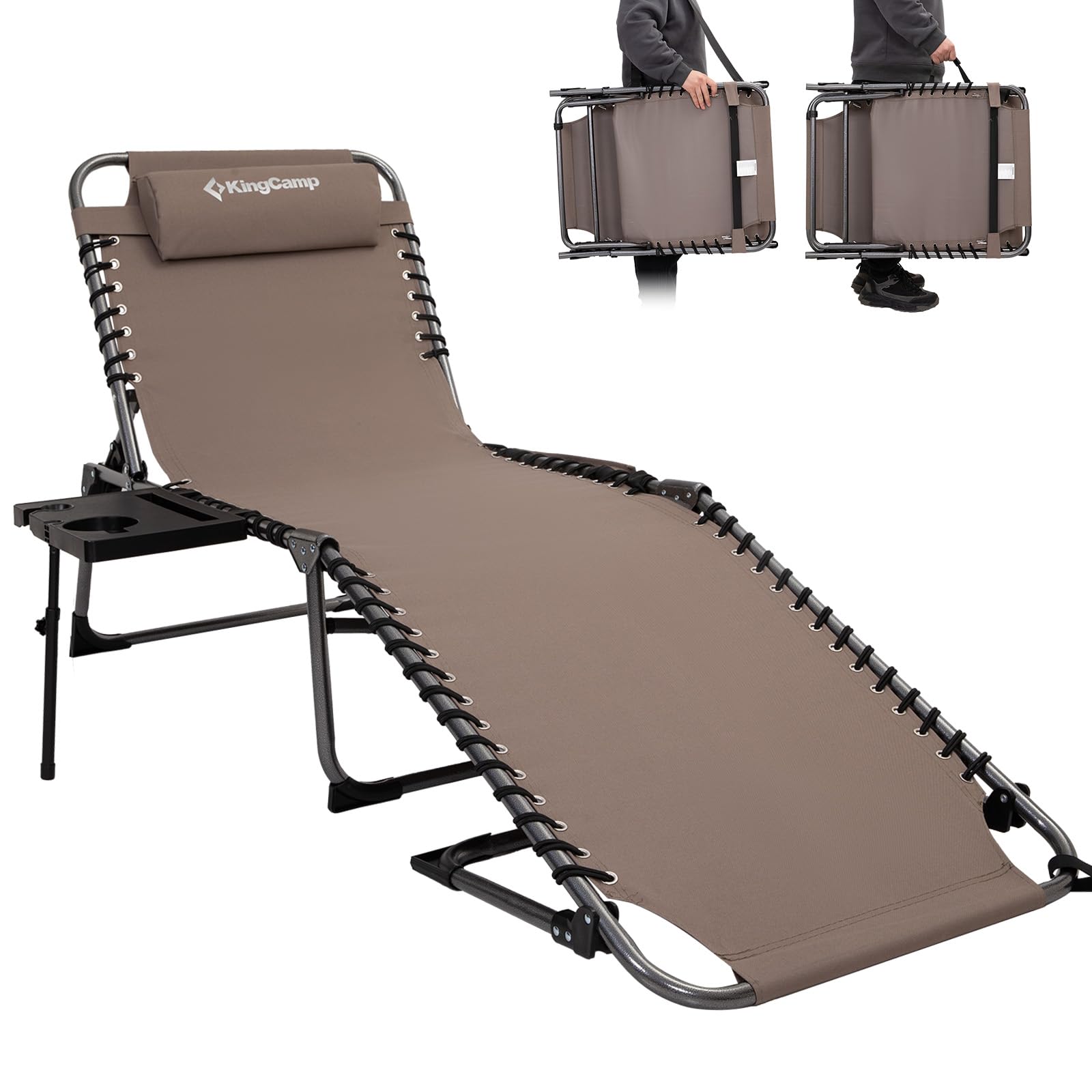 KingCamp Folding Chaise Lounge Chair for Outside Beach, Sunbathing, Patio, Pool, Lawn, Deck, Lay Flat Camping Reclining Lounge Chair with Pillow & Side Table (1 Pack, Beige)