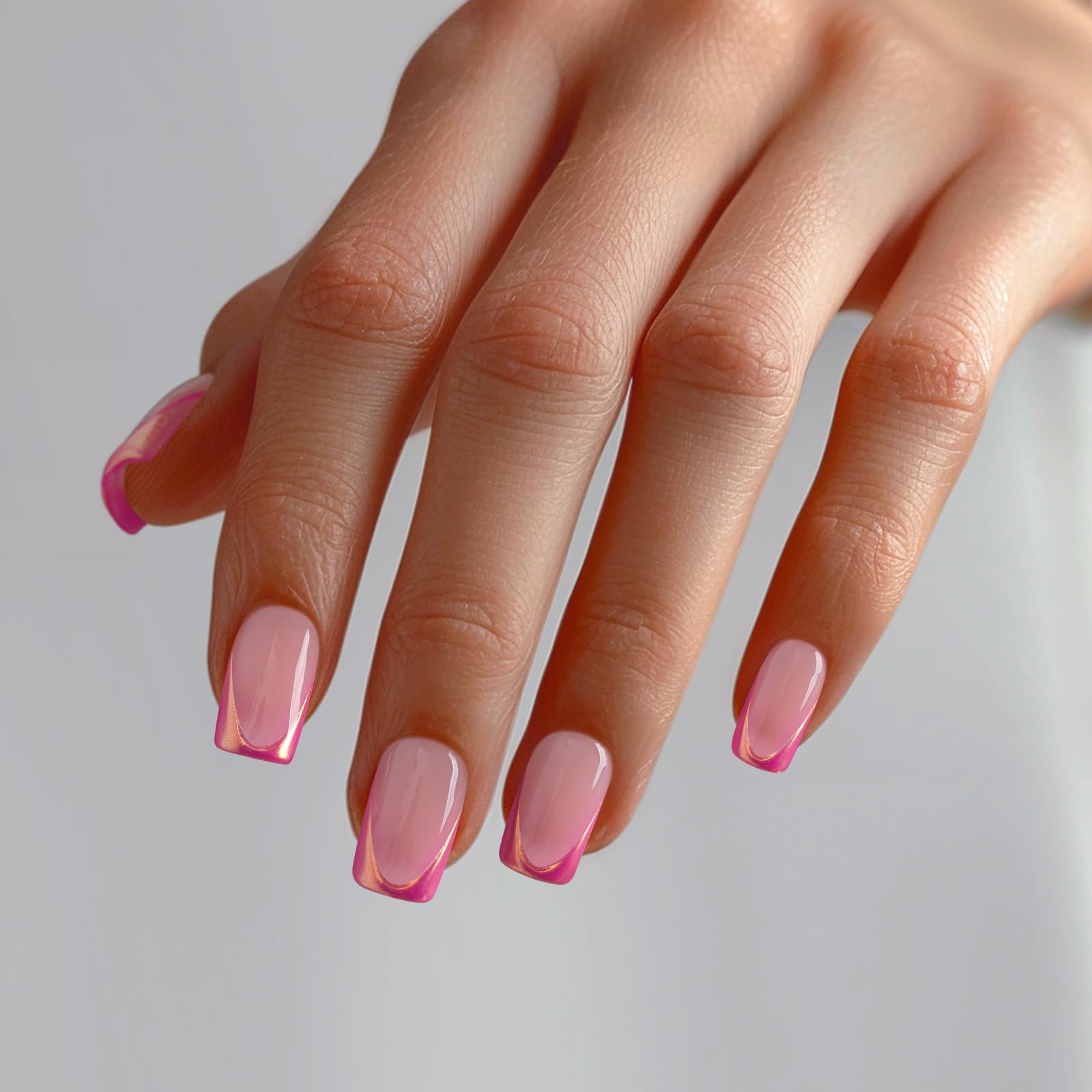 BTArtbox French Tip Press On Nails - Trendy Short Square Fake Nails with Metallic Chrome Pink Color, Reusable Glue On Nails in 16 Sizes for Christmas Gift, Metallic Petal - Image 5