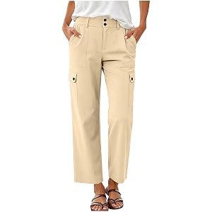 YLIKEA Women's Cargo Pants Straight Leg Work Trousers with Flap Pockets | Button Zip Up Dressy Casual Pants Elastic High Wais