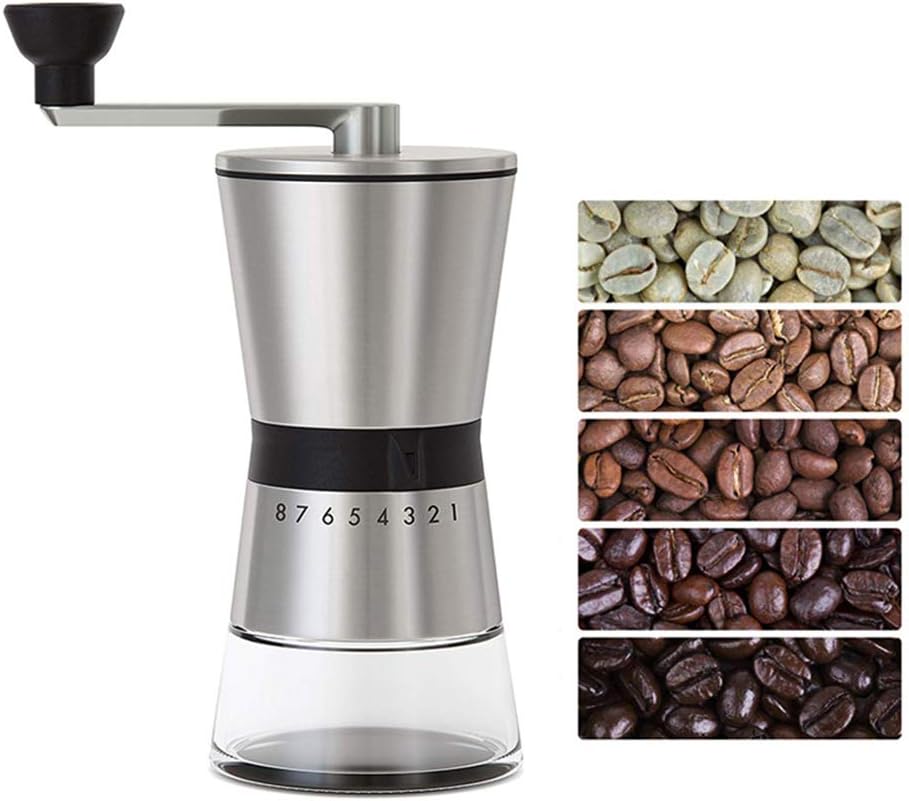Manual Coffee Bean Grinder with Ceramic Conical Burr Mill, Stainless Steel Handle Hand Coffee Mill with 2 Glass Jars for Espresso, French Press, Drip Coffee, Turkish Brew (Silver)