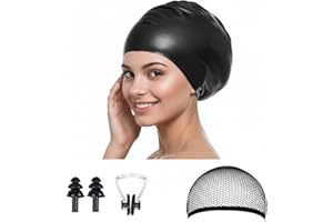 Silicone Extra Large Swimming Cap for Women Men, Swim Cap for Long Thick Hair with Mesh Wig Cap Net Ear Plugs and Nose Clip，A