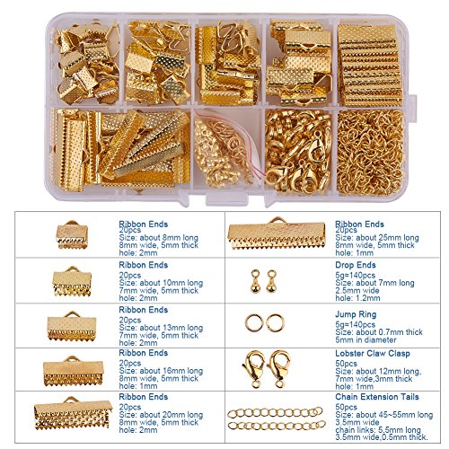 PH PandaHall About 500Pcs Jewelry Finding Sets with Mixed Sizes Ribbon End Drop Ends Jump Ring Chains Class Learning Lots Gold