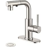 Ultimate Unicorn Brushed Nickel Single Handle Modern Bathroom Faucet with Pull Out Sprayer, 15.5" Retractable Hose, 360 Swivel Spout, Pop Up Drain, Stainless Steel, 1 Hole Installation