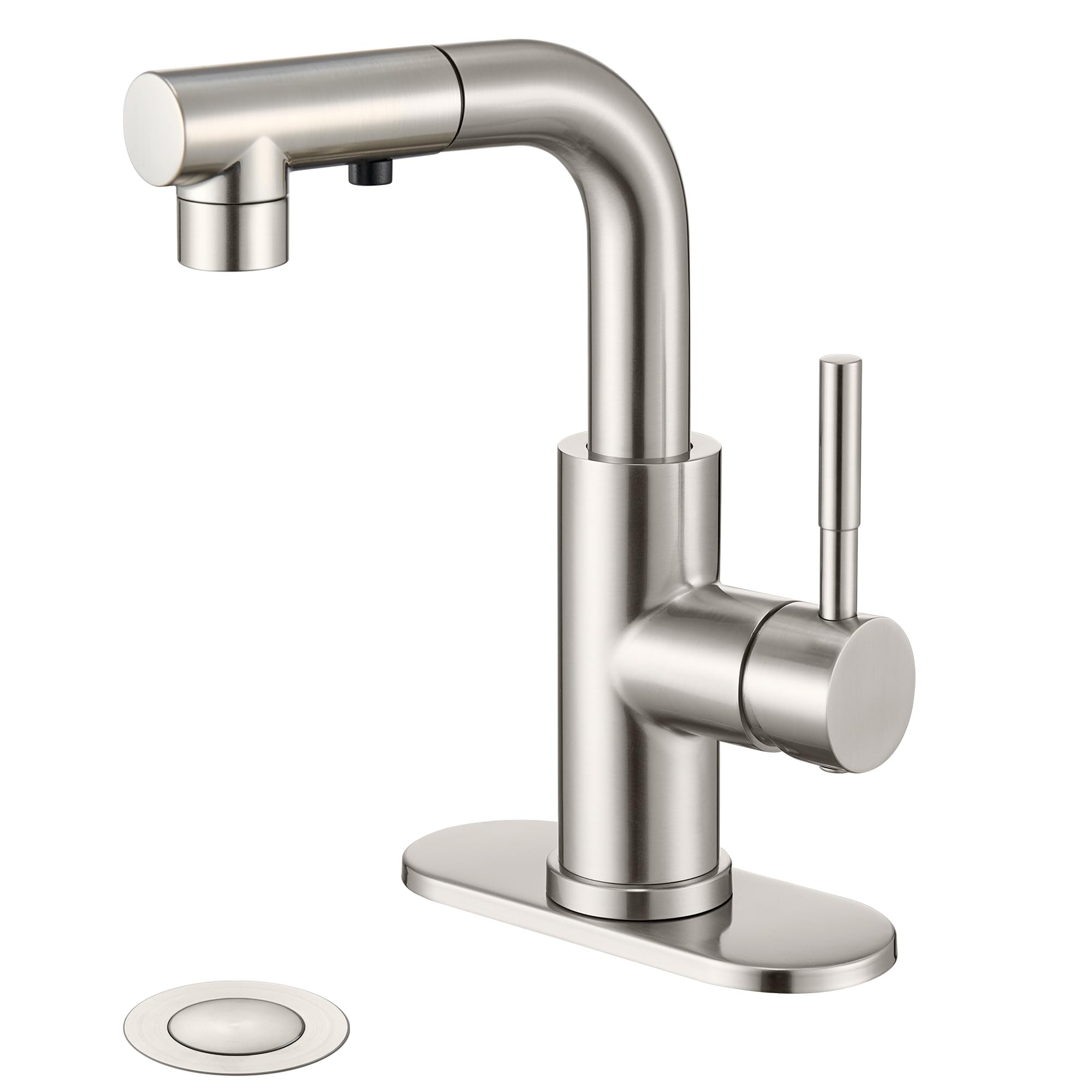 Photo 1 of Ultimate Unicorn Brushed Nickel Single Handle Modern Bathroom Faucet with Pull Out Sprayer, 15.5" Retractable Hose, 360 Swivel Spout, Pop Up Drain, Stainless Steel, 1 Hole Installation