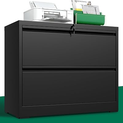 Yukimo 2 Drawer Lateral File Cabinet, Metal File Cabinets for Home Office Legal/Letter A4 Size, File Cabinet with 2 Drawer Storage Cabinet, Require Assembly, Black