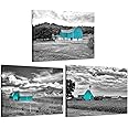 iKNOW FOTO 3pcs Black and Teal Canvas Prints Wall Art Beautiful Scenery of Windmill and Barn on a Cloudy Day Pictures Wooden Framed Art Work Framhouse Posters Modern Home Decor