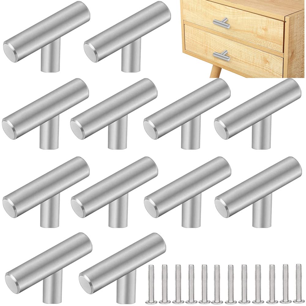 ZACUDA 12 PCS T Bar Handle Stainless Steel Cabinet Pulls 50mm Single Hole Drawer Knob Pulls Silver Kitchen Cabinet Handles Furniture Knobs with Screws for Cupboard Cabinet Wardrobes Bathrooms Doors