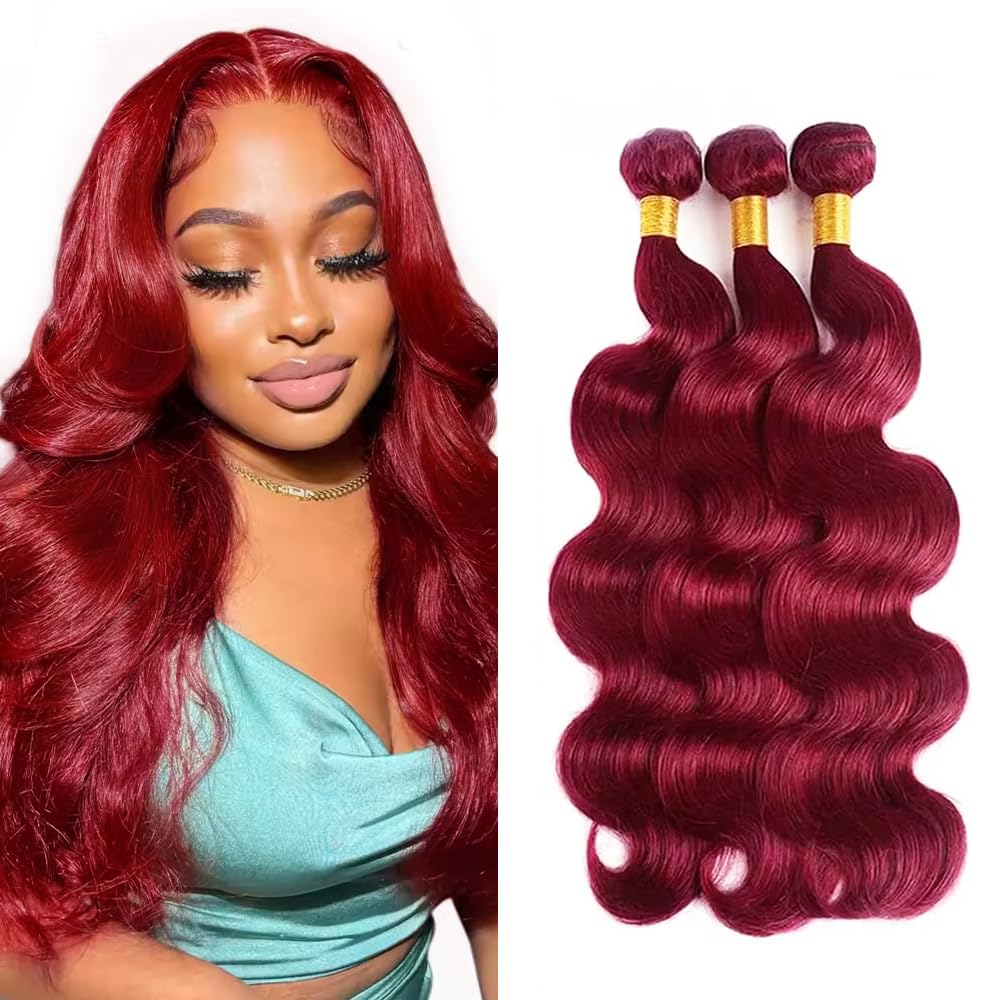 Photo 1 of 99J Human Hair Bundle 20 22 24 Inch Burgundy Body Wave 3 Bundles 150g Double Weft Brazilian Unprocessed Virgin Human Hair Extensions for Women