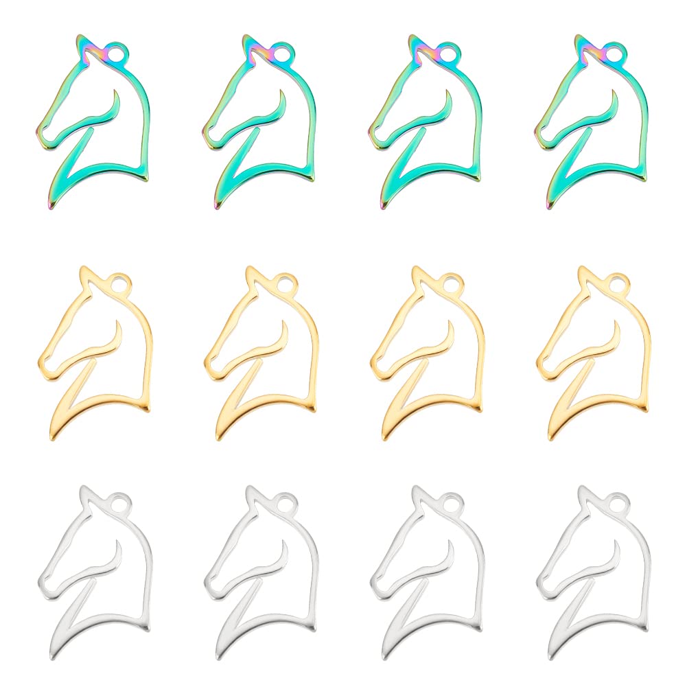 UNICRAFTALE About 12Pcs 3 Colors 304 Stainless Steel Horse Pendants Hollow Charms Animal Charms Equestrian Horsemanship Charms 1.8mm Hole for DIY Bracelet Necklace Jewelry Making