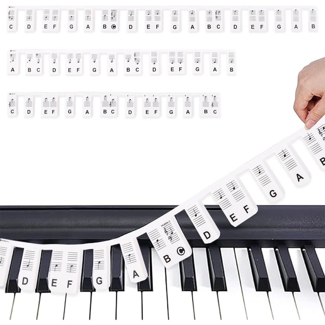 LSUWDE Removable Piano Keyboard Note Labels，Full Size Silicone,88 Keys Full Notes Stickers for Reusable,Reusable No Need Label Beginners and Kids,Comes with Pack(Black)