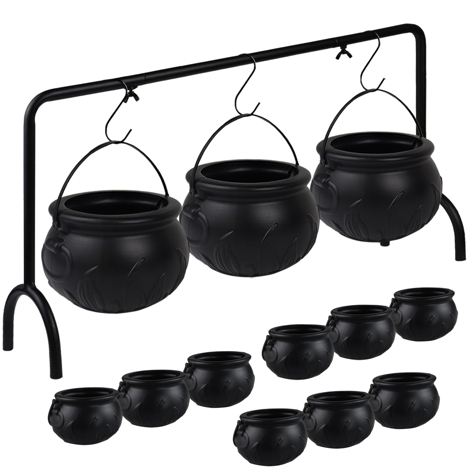 Photo 1 of Halloween Cauldrons Serving Bowl Decor, Set of 12 Hanging Black Plastic Cauldron Bowls with Iron Rack, Large and Mini Cauldrons Candy Bucket Punch Bowls for Table Witch Hocus Pocus Party Decorations