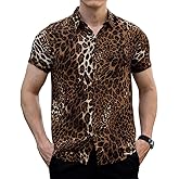 LOGEEYAR Mens Fashion Shirts Leopard Snakeskin Print Button Down Summer Short Sleeve Casual Shirt