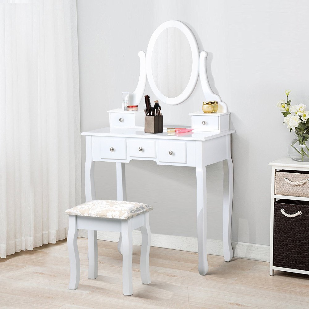 white and wood dressing table