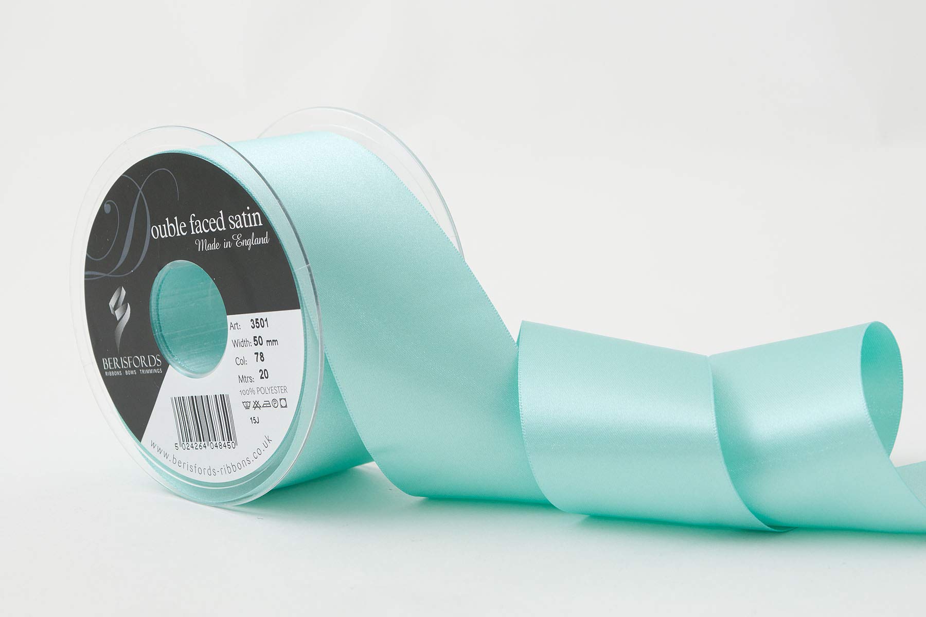 Berisfords Double FACE Poly Satin Ribbon, Aqua, 50 mm