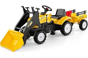 Olakids Kids Ride on Excavator, Pedal Digger Car Bulldozer with Manual Control Bucket, Detachable Cargo Trailer, Shovel, Rake, 6 Wheels, Horn, Construction Tractor for Toddlers 3+