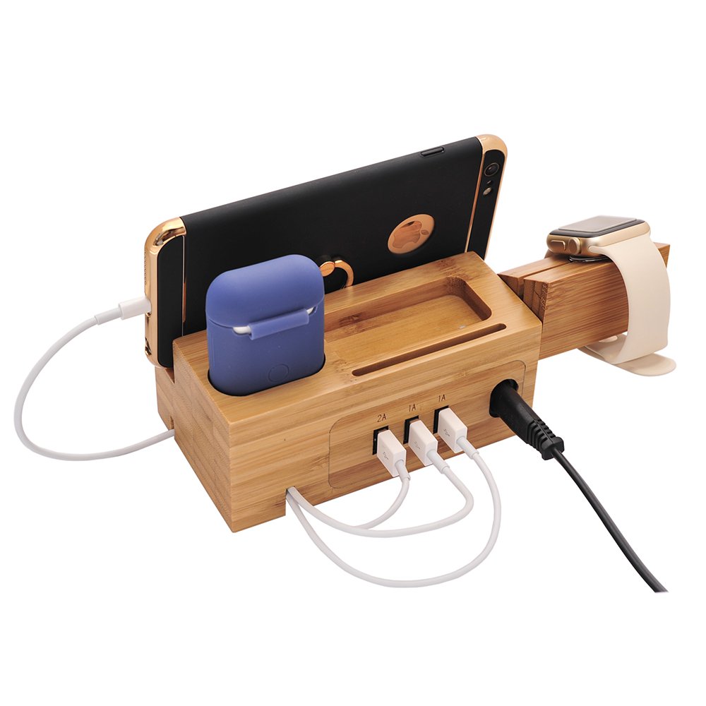 BoxThink Charging Station Charging Dock, 3 in 1 Charging Stand, Cable Management, Bamboo Wood Charging Station with 3 USB Power Ports for Phone, Watch, Earbuds Produced by Steve Jobs' Company