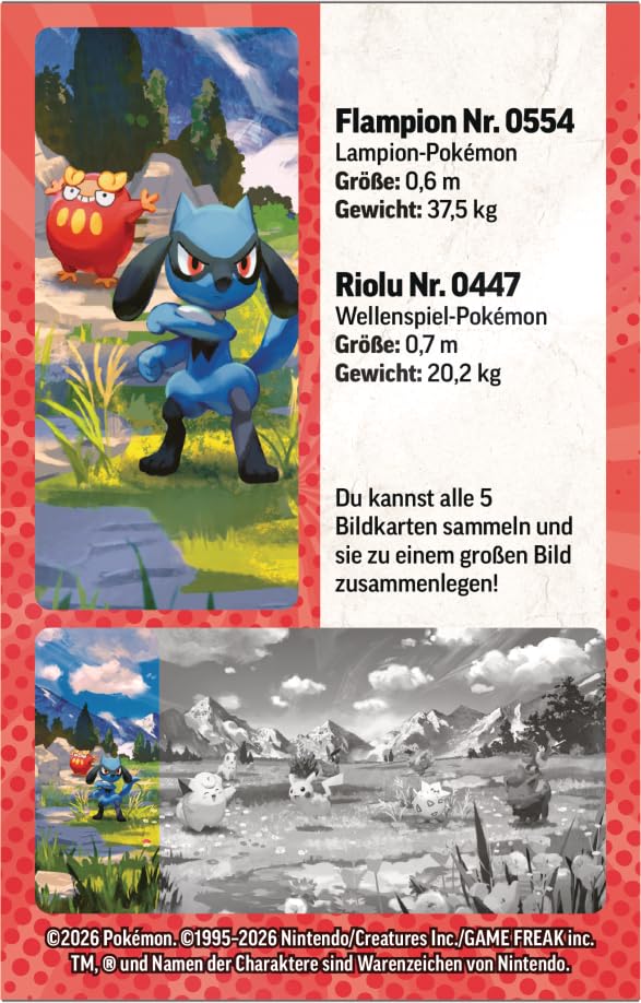 Pokémon-Sammelkartenspiel: Mini-Tin-Box Mega-Entwicklung – Erhabene Helden: Riolu und Flampion (1 Stickerbogen, 1 Pokémon-Bildkarte und 2 Boosterpacks) 3