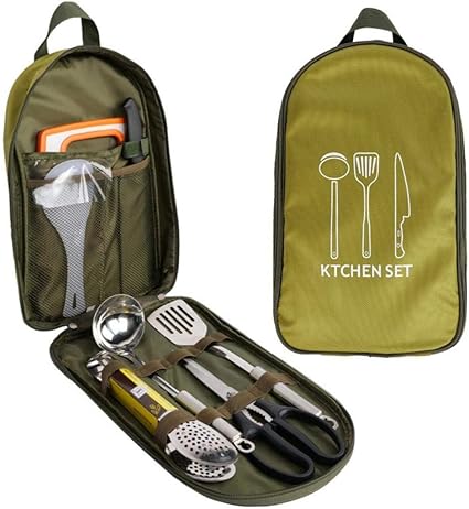 Amazon Co Jp バーベキュー 調理器具セット 7点セット キッチンツールセット キャンプ クッキングツール アウトドア qツールセット ポータブル 防災 ナイフ 包丁 まな板 収納バッグ付き 携帯便利 グリーン スポーツ アウトドア