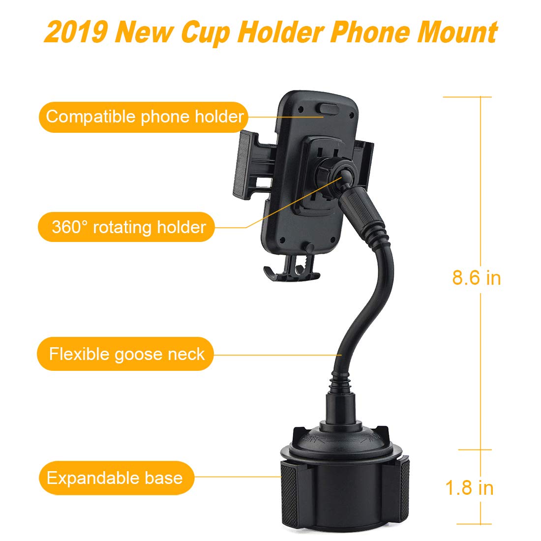 Car Cup Holder Phone Mount, Gresur Adjustable Gooseneck Smart Phone Car Cradle for iPhone 7 7P 8 8P X XS XR/Samsung Galaxy S10 S9 / Huawei Universal Hands Free Phone Holder