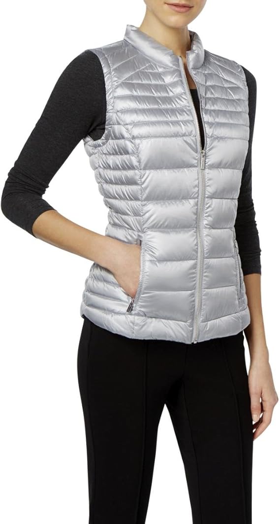 Calvin Klein Women's Metallic Puffer Vest, Shine Light Silver/Silver, X
