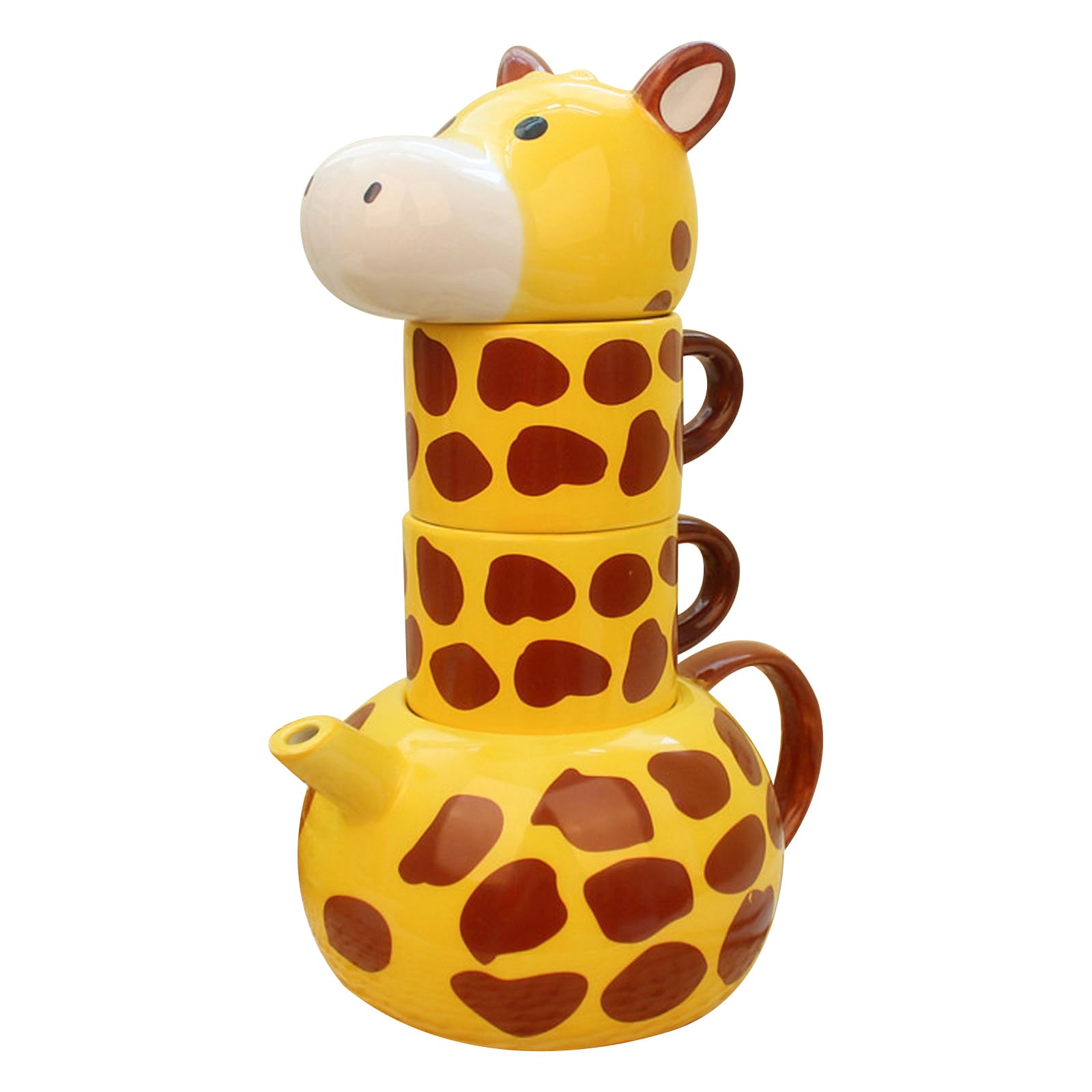 Giraffe Cartoon Animal Teapot with 2 Cups, Hand-Painted Porcelain, Lid for Milk Coffee Tea Latte