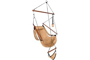 ONCLOUD Upgraded Unique Hammock Sky Chair, Air Deluxe Hanging Swing Seat with Rope Through Beech Wood Bar Safer Relax with Drink Holder & Fuller Pillow for Indoor Outdoor Patio Yard 250LBS (Tan)