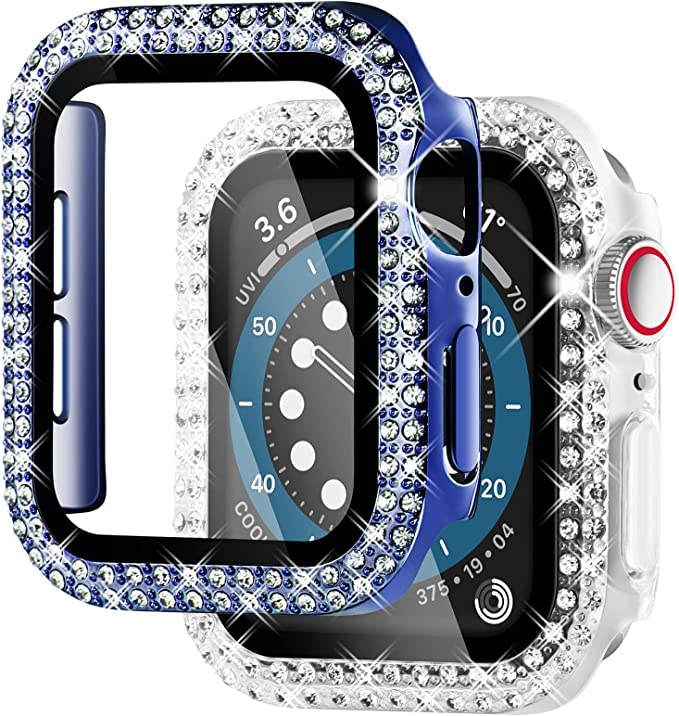 Concha Compatible para Apple Watch Serie 7 45 mm, Caja de Diamantes de Cristal Bling Estuche para Proteger el Reloj, Azul