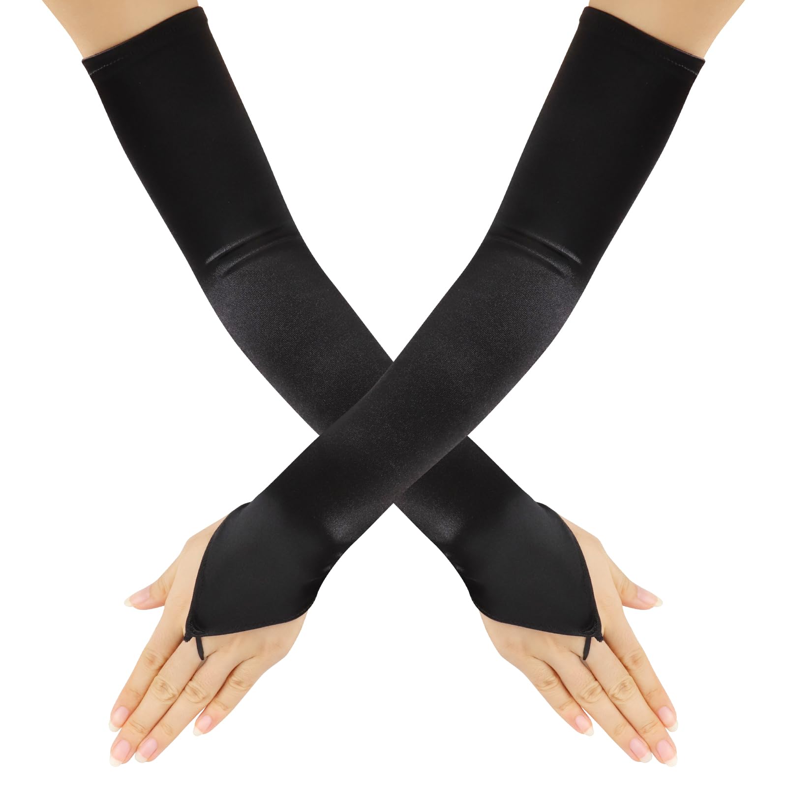 DAJISI Long Black Gloves, Stretchy Satin Fingerless Elbow Length Opera Gloves for Women, Dance Parties, Wedding, Tea Party, Cosplay Costume