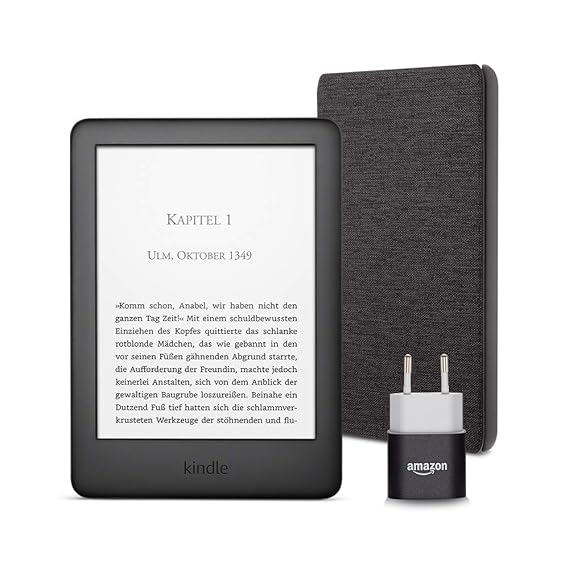 Kindle Essentials Bundle mit dem neuen Kindle (Schwarz) mit Spezialangeboten, einer Amazon-Hülle aus Stoff (Kohlenschwarz) un