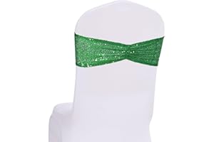 SquarePie 50 Pcs Sequin Chair Sashes Green Sequin Sashes Bands Decorative Chair Ties Bows for Wedding Party Festive Decor