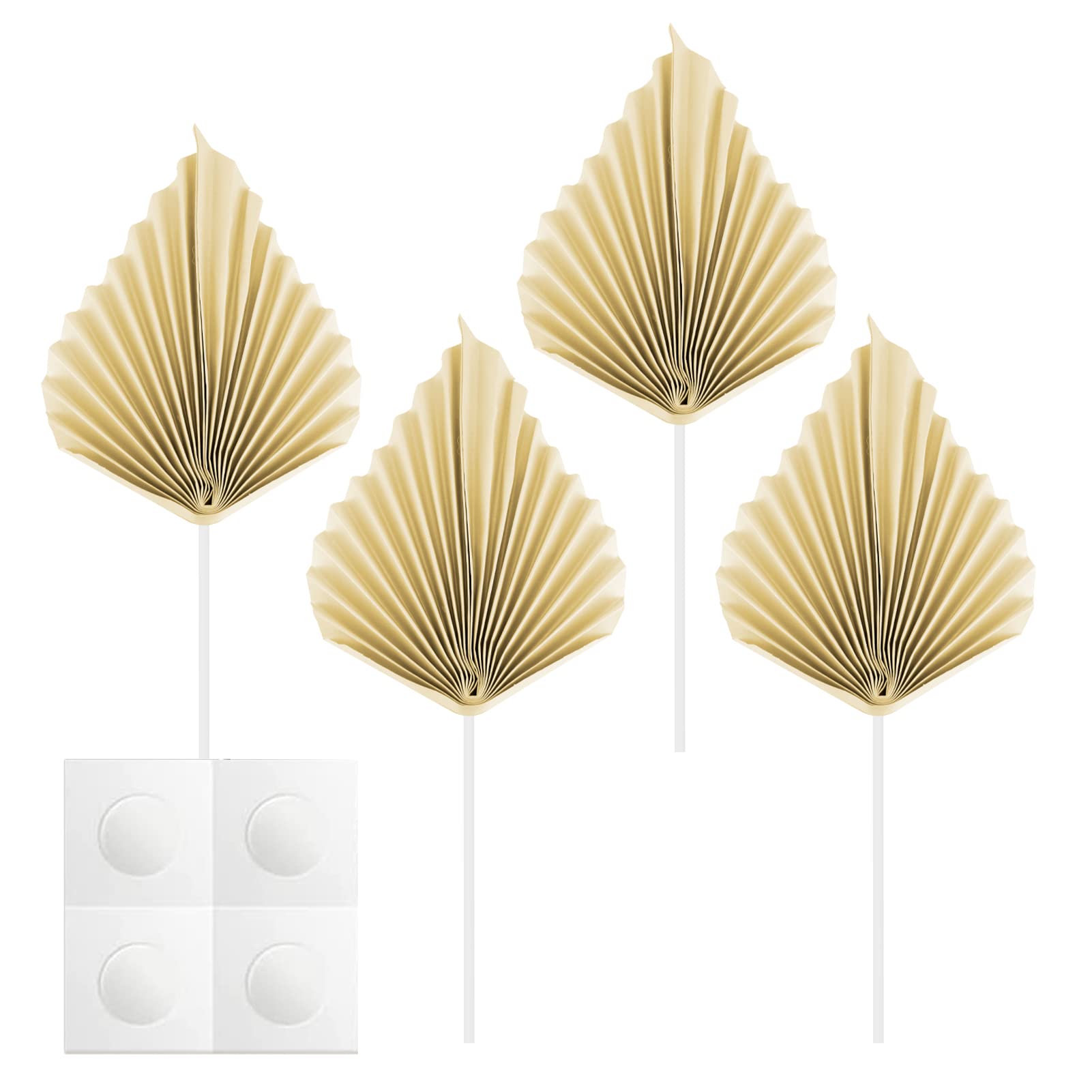 Udewo 4 Pcs Paper Palm Fan Cake Toppers, Palm Leaf Fan Cake Topper Palm Spear Leaf Cupcake Toppers Cake Insert Decoration for Cake Decorating DIY Craft Project Home Wedding Party Décor, Cream Color