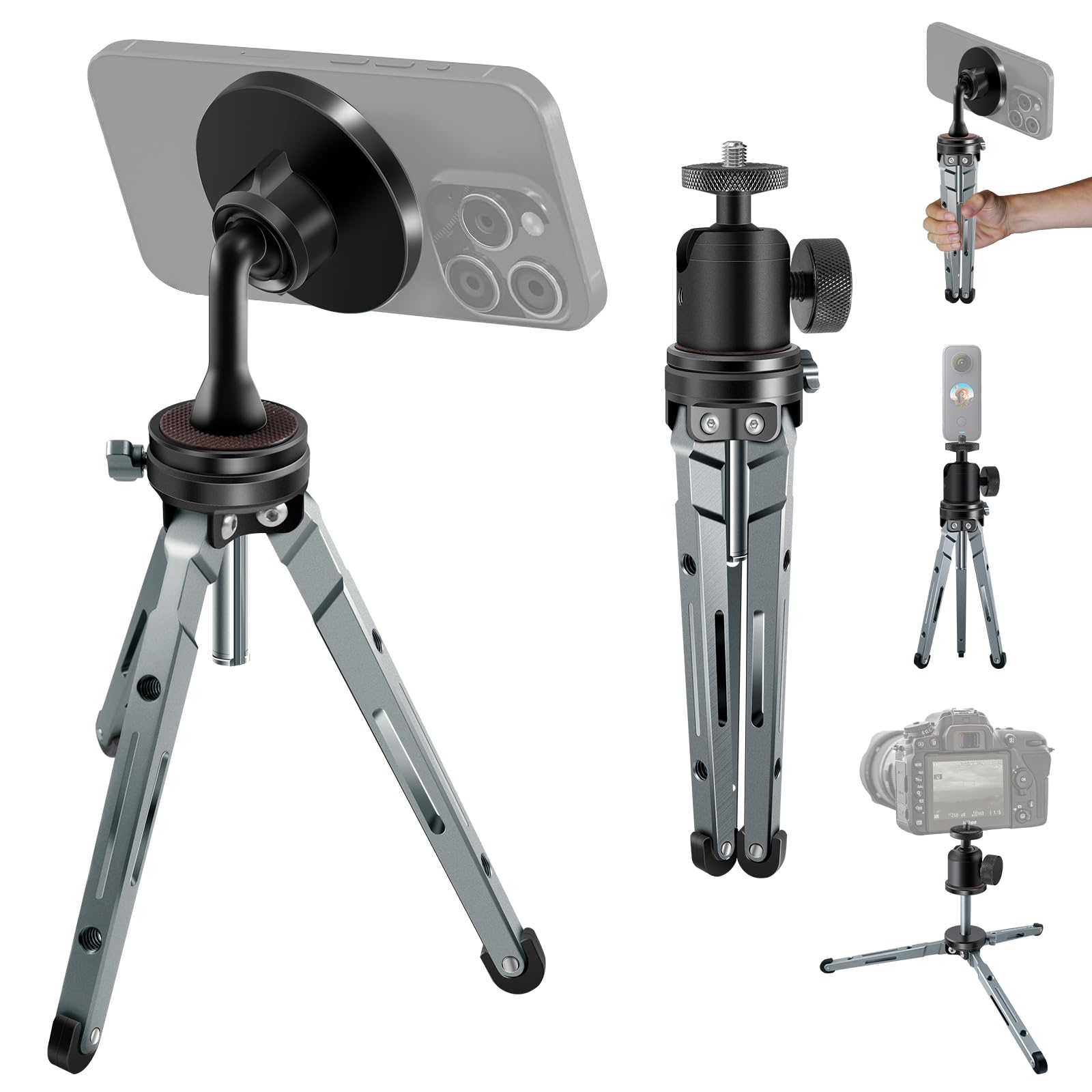 REYGEAK 2 in 1 for Magsafe Multifunction Table Tripod, Full Aluminum with Head and Magsafe for iPhone 15/14/13/12 Series/Sony/Canon/Nikon/FUJIFILM Cameras, Portable Travel Tripod, Lightweight and