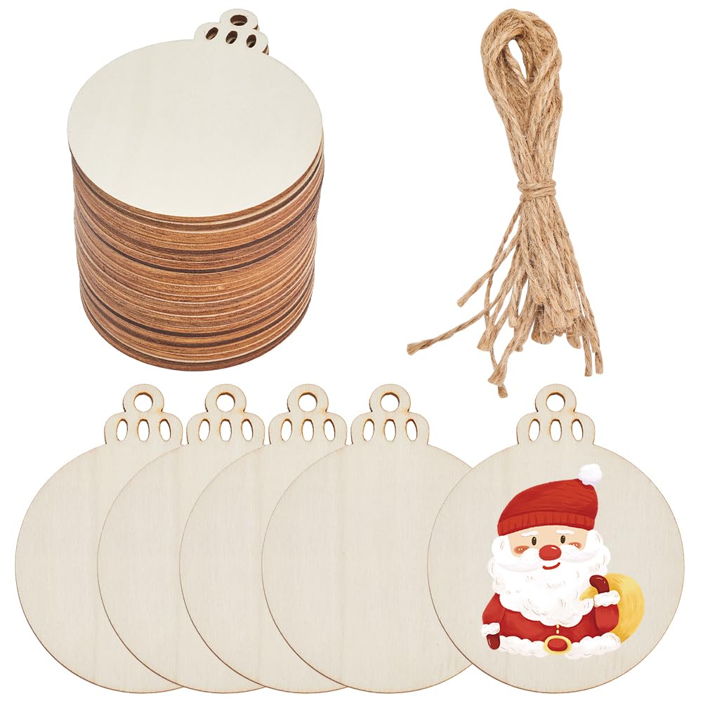 SOFPLATE 30Pcs 3 Inch Wooden Christmas Ornaments Round Wood Blanks Natural Unfinished Paintable Snowball Shaped Embellishments with Jute Twine for DIY Crafts Centerpieces Hanging Home Decorations