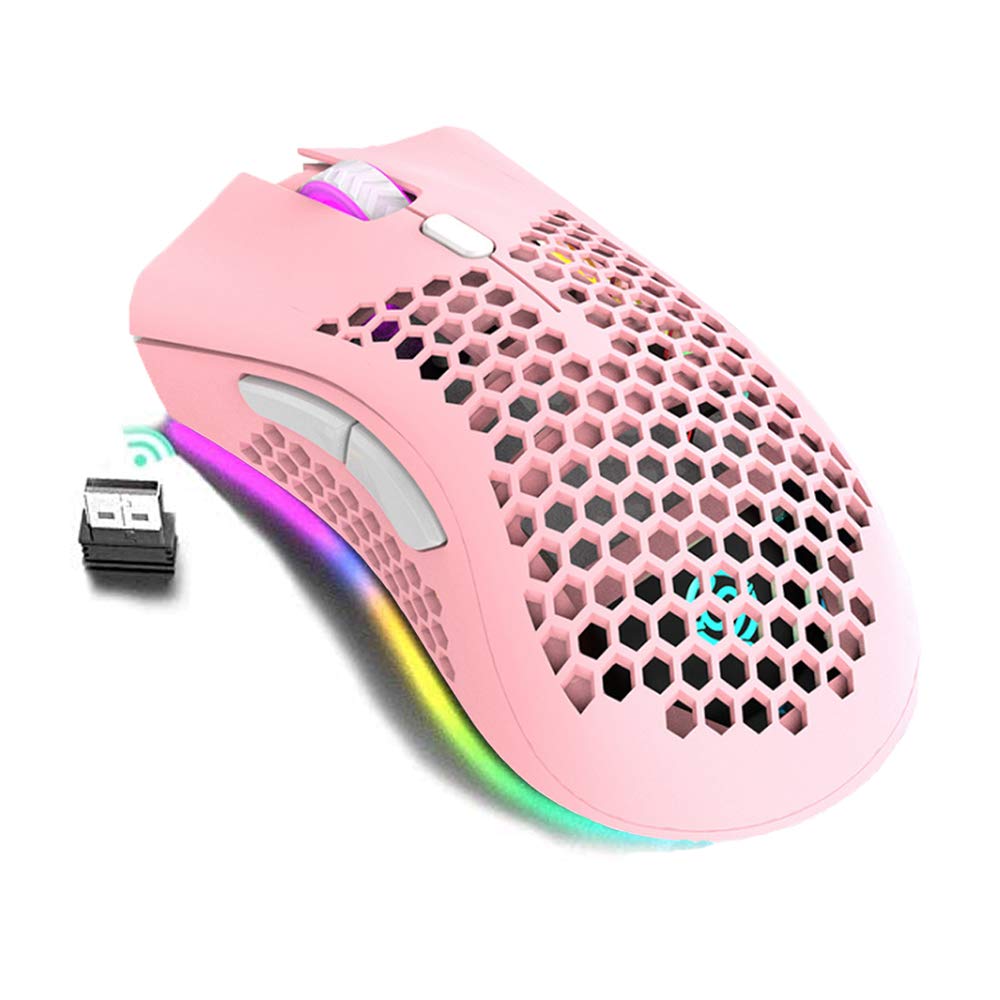 AVEKI Gaming Mouse, Honeycomb Design Rechargeable Wireless Gaming Mouse with USB Receiver RGB Backlight Computer Lightweight Mouse for Laptop PC (Pink)