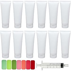 QUUPYSTORE 12Pcs 80ml White Plastic Squeeze Cream Tubes with Filler & Lable | 2.7oz Empty Refillable Soft Flip Cap Bottles, T