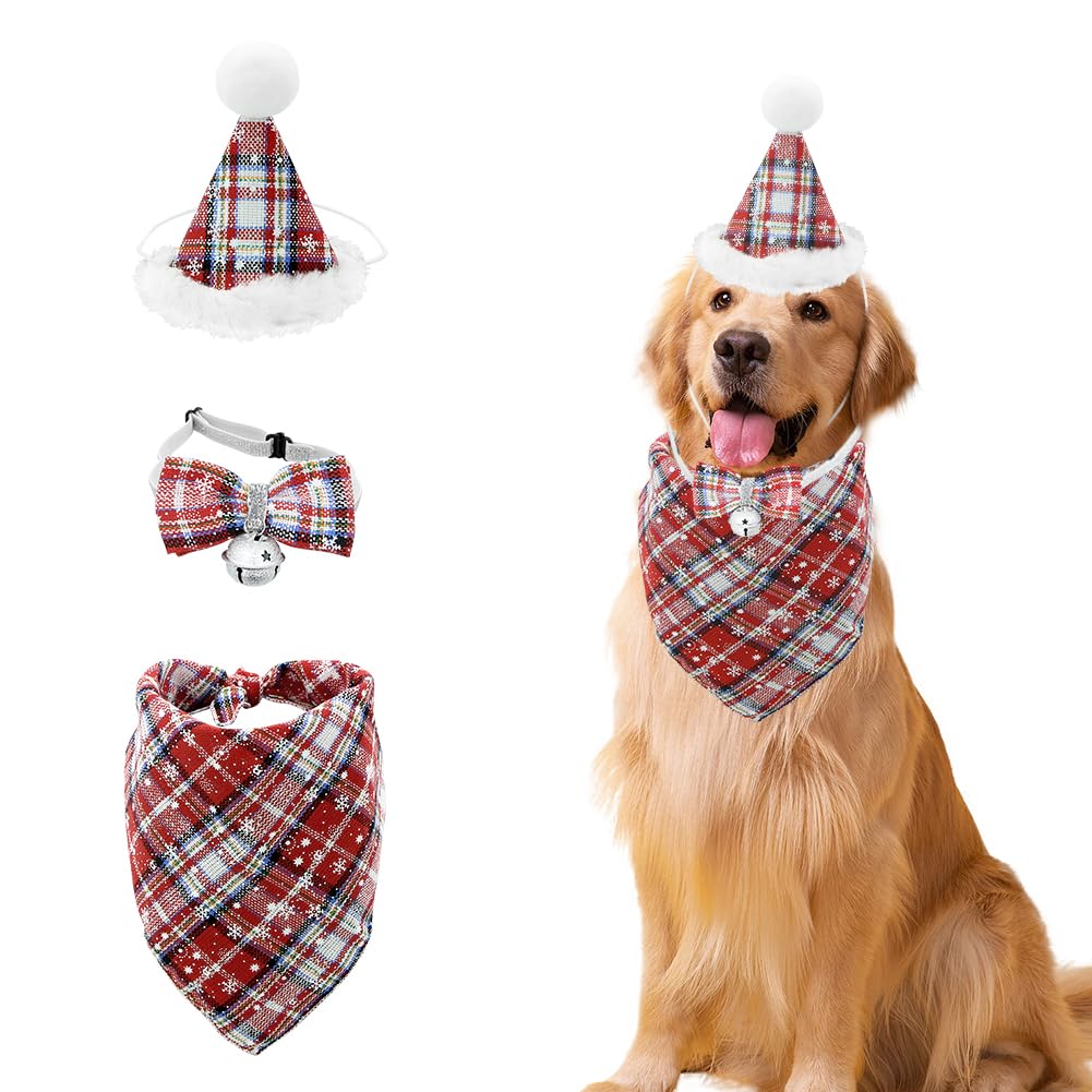 Christmas Pet Dog Costume,1 Pcs Classic Plaid Dog Bandana,1 Pcs Triangle Hat and 1 Pcs Adjustable Bowtie for Pet Puppy Cat Party Dress-up Cosplay Costume