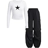 Cakaner Tween Girls Clothes Ribbed Star Printed Shirt + Cargo Pants Sets Fall Outfits Sizes 7-16 Years