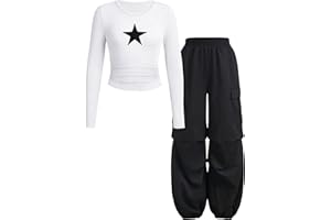 Cakaner Tween Girls Clothes Ribbed Star Printed Shirt + Cargo Pants Sets Fall Outfits Sizes 7-16 Years