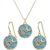 Dreuyet Vintage Sun Moon Earrings and Necklace Set for Women Boho Antiqued Crytal Sun Moon Dangle Drop Earrings Necklace Unique Handmade Retro Round Coin Celestial Jewelry Gifts