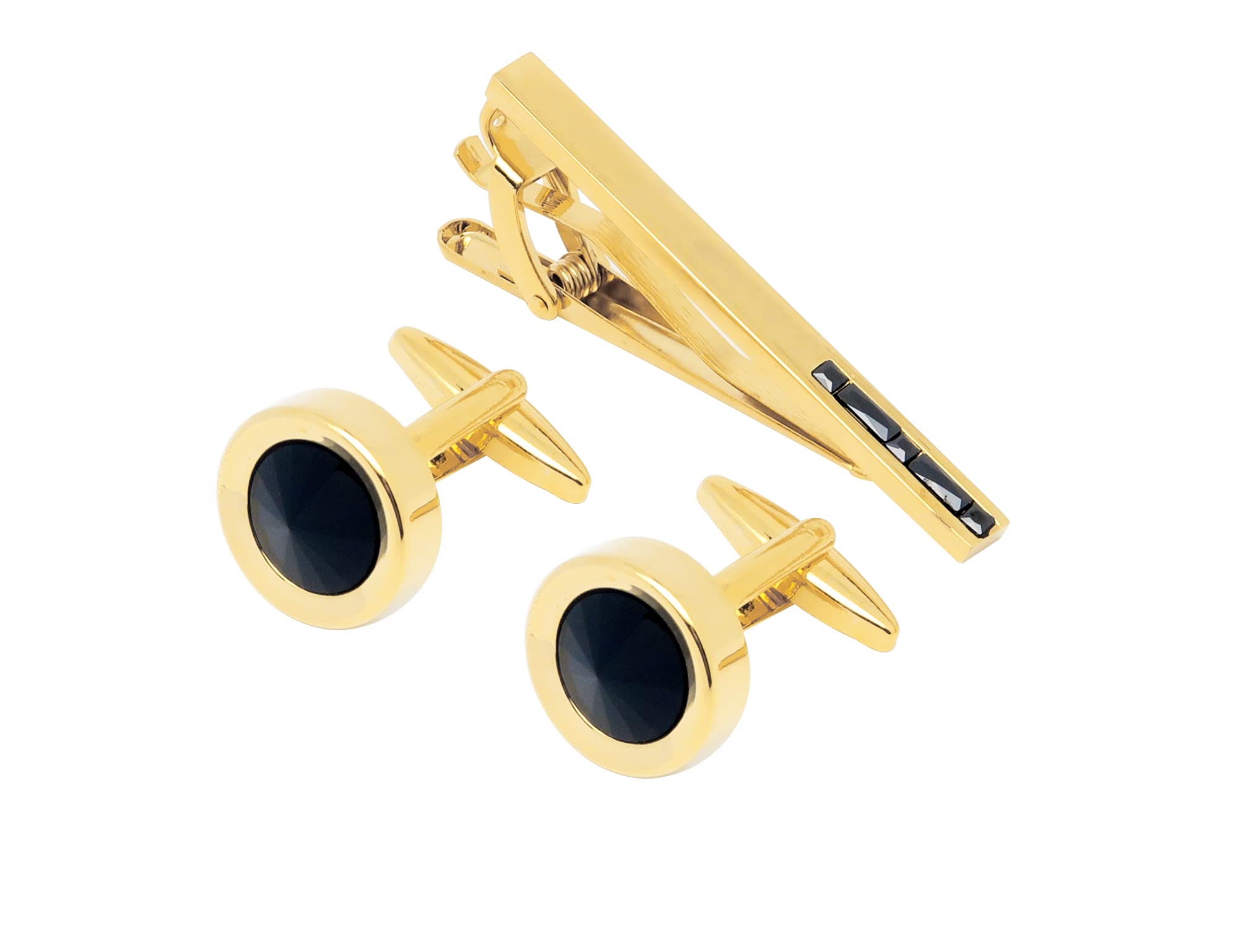 Jonwo Round Diamond Cutting Crystal Men Cufflinks and Tie Clip Set Men's Necktie Tie Pin Cufflink for Wedding Business Shirt Tie (Gold Plated Black Crystal Set)