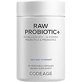 Codeage Raw Probiotic+ Supplement - 34 Probiotic Strains, 100 Billion CFUs, Raw Whole Food Probiotics, Digestive Enzymes, Raw Fruits & Veggies Prebiotics - Wild Kefir Culture - Non-GMO - 30 Capsules
