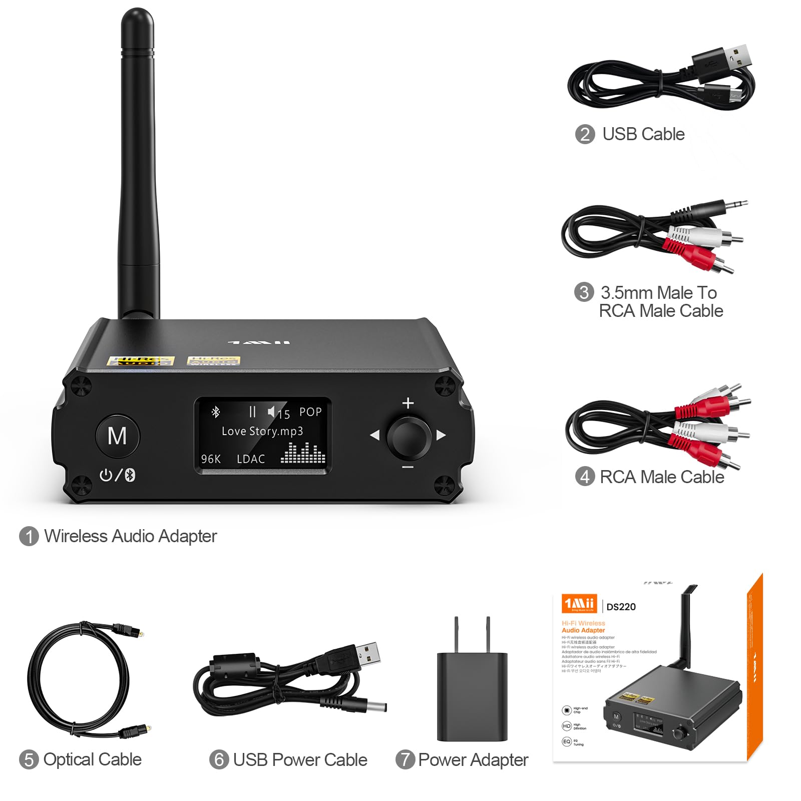 1Mii DS220 HiFi Bluetooth Receiver – Long Range Wireless Audio Adapter with Audiophile DAC, LDAC & aptX HD, OLED Display, Optical/Coaxial/RCA Outputs for Home Stereo & AV Receiver