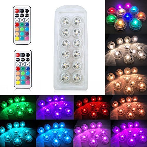 Sxstar 12pcs Submersible LED Lights,Waterproof Underwater Lights,Battery Powered RGB Colour Changing Tea Lights with IR Remote Control for vase, bowls, aquarium and party decoration
