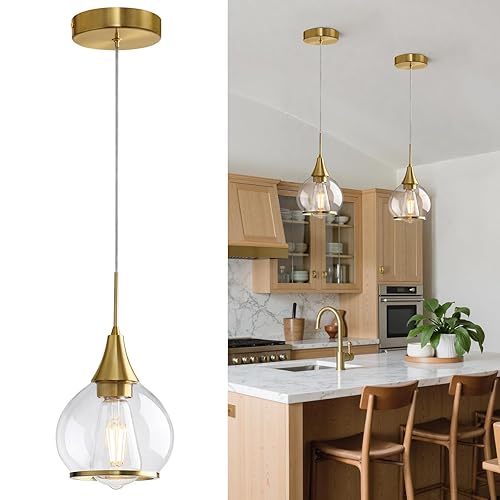 HAHZT Pendant Light Fixtures Kitchen: Brushed Gold Farmhouse Island Light with Clear Glass - 6 Inch Mid Century Globe Kitchen Lighting Chandeliers Ceiling for Dining Room