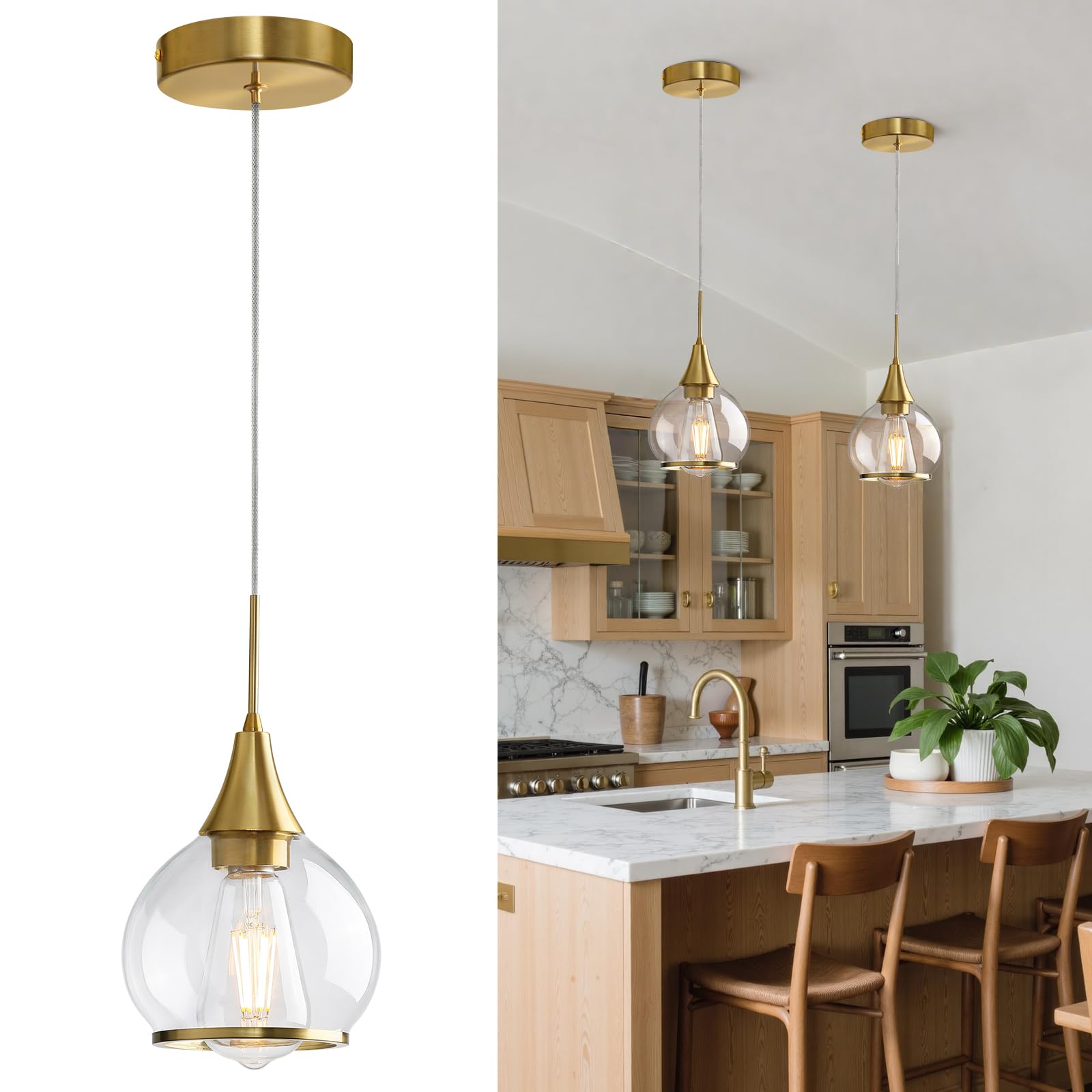 Photo 1 of HAHZT Pendant Light Fixtures Kitchen: Brushed Gold Farmhouse Island Light with Clear Glass - 6 Inch Mid Century Globe Kitchen Lighting Chandeliers Ceiling for Dining Room