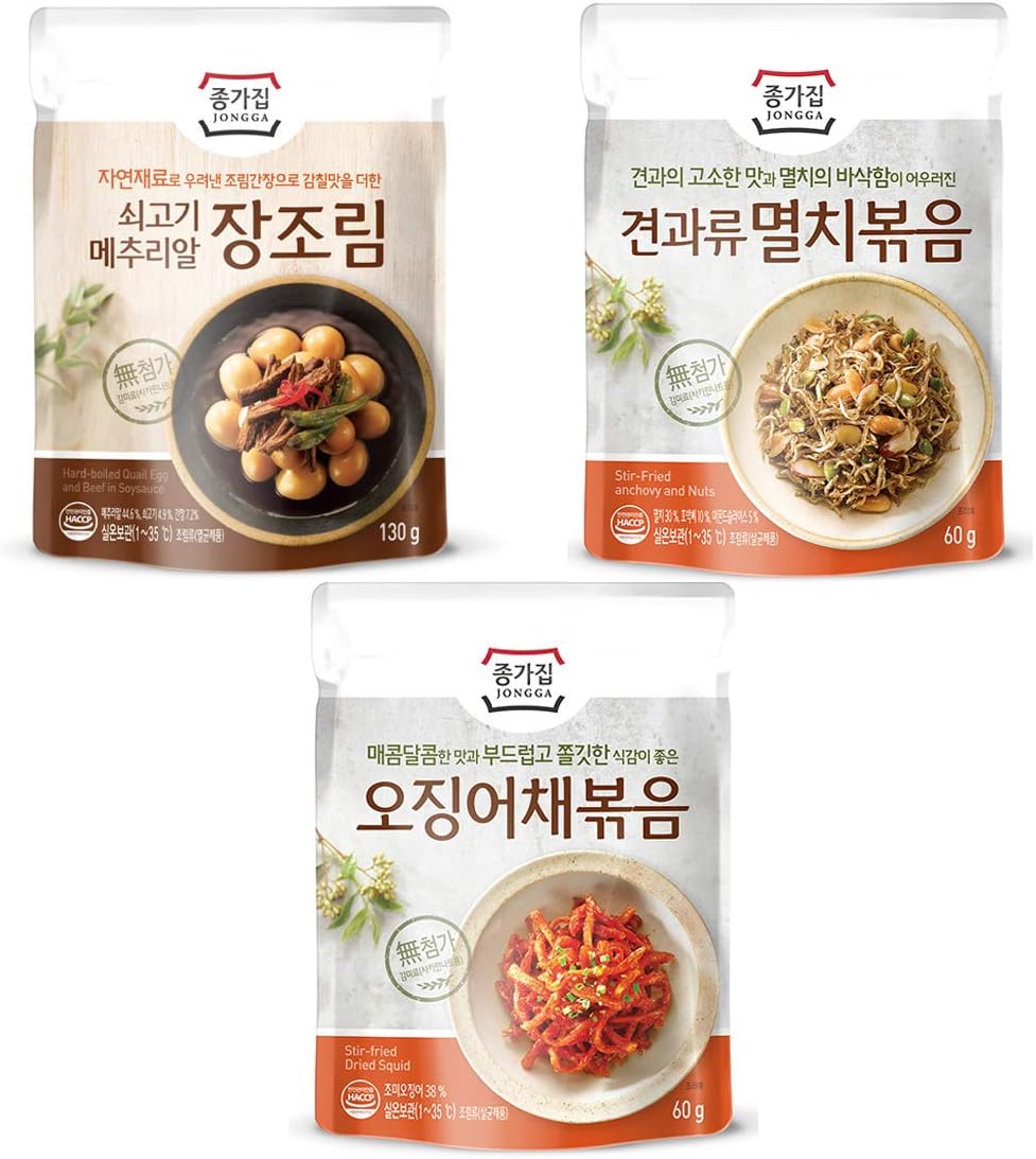 [Jongga] Korean side dish 3 set / Spicy Stir-fried Dried Squid 60g + Stir-fried Anchovies 60g + Beef Quail Egg Glazed Dishes 130g / Korean food (overseas direct shipment)